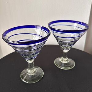 Hand Blown Mexican Glassware Cobalt Blue Swirl Margarita/Martini 12 oz Set of 2